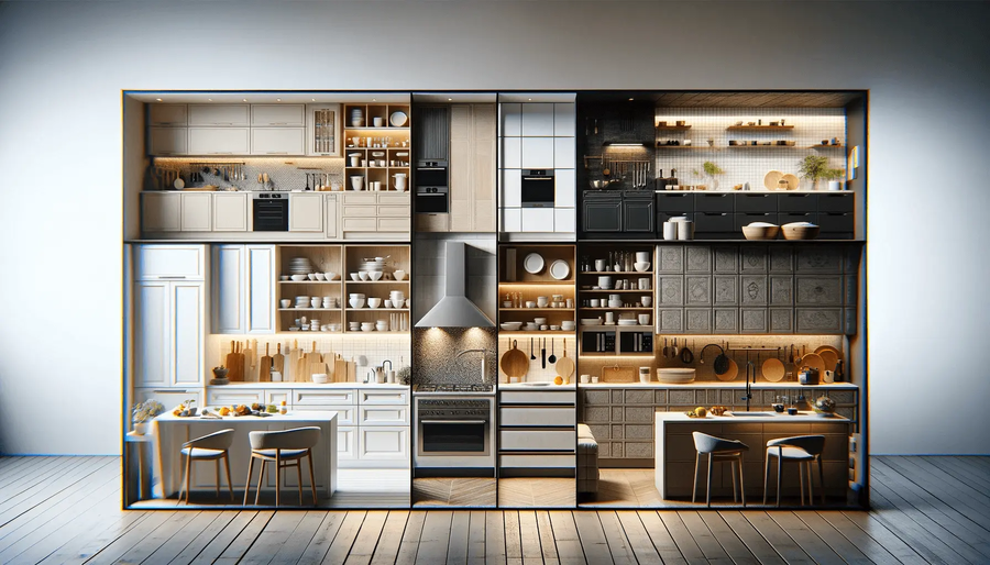 Eine Küche mit einem großen offenen Regal, in dem Kochutensilien und Geschirr ausgestellt sind.