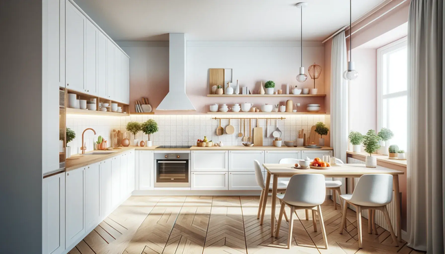 Eine Küche mit weißen Wänden und Holzböden, die eine helle und einladende Atmosphäre schafft.