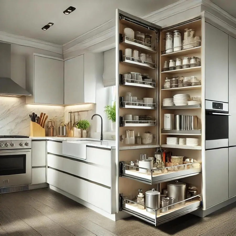 Eine Küche mit einer großen Speisekammer und einem ausziehbaren Regal.