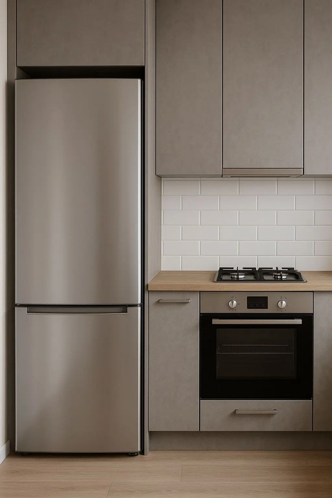 Ein silberner Kühlschrank neben einem Backofen und einer Kochstelle, mit Schränken und weißen Fliesen.